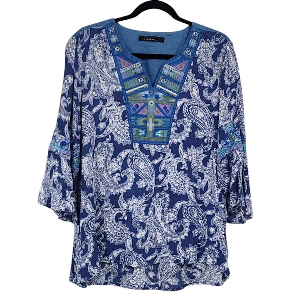 Calessa top blue & white paisley crinkle embroidered 3/4 bell sleeve Boho L